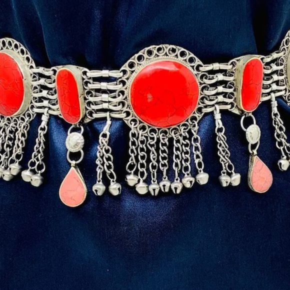 Vintage Kuchi Coral Stone Belly Dance Belt: Afghan Tribal Jewelry